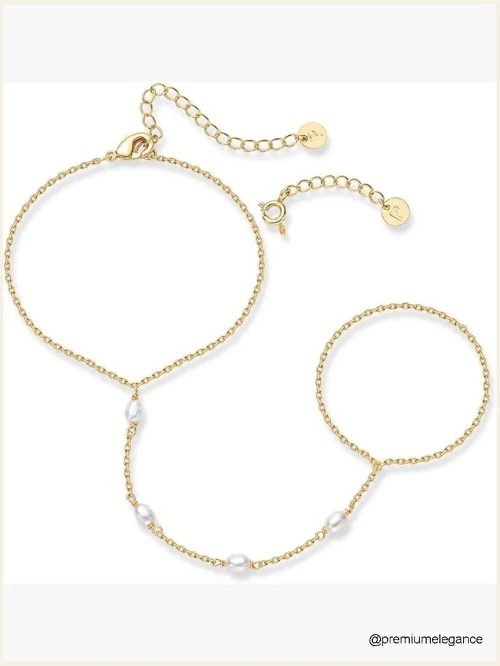 14K Gold Plated Hand Chain Bracelet with Ring and Pearls